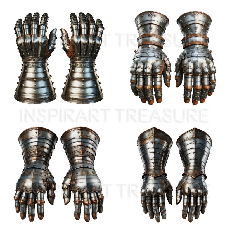 Op de afbeelding: Vier paar zilveren en bruine metalen handschoenen met vingerbescherming. De handschoenen zijn ontworpen om te lijken op middeleeuwse harnassen.