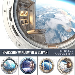 Sci Fi Aquarelle Spaceship Window Clipart, Kit de papier scrapbook numérique, Artisanat en papier imprimable, Page de journal indésirable