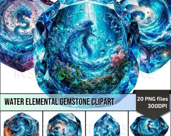 Water Elemental Gemstone Clipart, Water Elements Crystal Gemstones PNG Scrapbook Kit, Printable Journal Decor, Unique Gift for Creatives