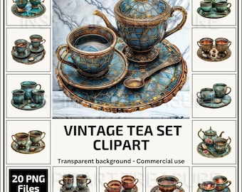 Può includere: Un clipart di un set da tè vintage con un design blu e oro. Il set comprende una teiera, tazze, piattini e una zuccheriera. Lo sfondo è trasparente.