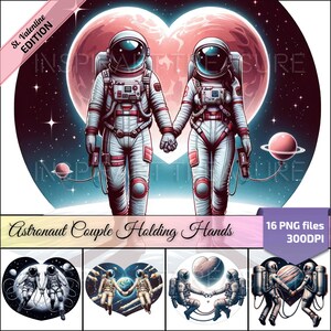 Clipart de amor cósmico, pareja de astronautas tomados de la mano, arte espacial romántico, regalo de San Valentín