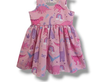 The Charlotte - Pink Dino Edition, Australian handmade, girls/toddler dress, sleeveless