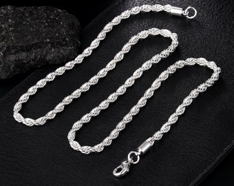 Chique gedraaide touwketting en armbandenset - Modieuze zilveren sieraden voor mannen en vrouwen - cadeaus voor vrouwen