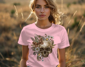 Floral Skull T-Shirt, Gothic Flower Skeleton Tee