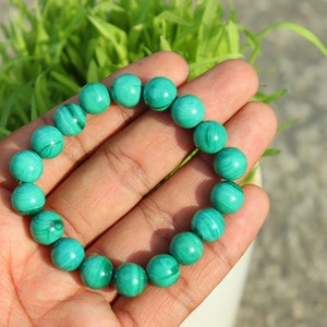 AAA+ Quality Malachite Beaded Bracelet Gemstone | Natural Malachite Bracelet Size 10 mm | Handmade Polished Round Shape Gemstone Bracelet