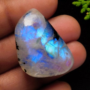 Top Quality Natural Rainbow Moonstone Cabochon | Blue Fire Moonstone Cabochon Tumble Shape | 1.5 MM Hole | Size 32x22 MM For Making Jewelry