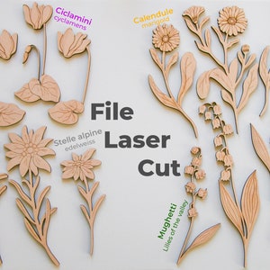 Laser files. Mountain flowers - Lilies of the valley, Cyclamen, Marigold and Edelweiss - File: .dxf, .rld, .pdf - For mountain/nature lovers