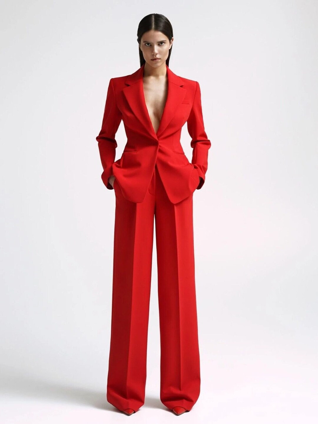 Red Two Piece Suit With Bustier Top Women Notch Lapel Single Breasted ...