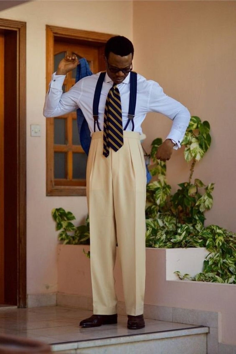 Men's Custom Made Designer Beige Pant Suspender Button Business Formal