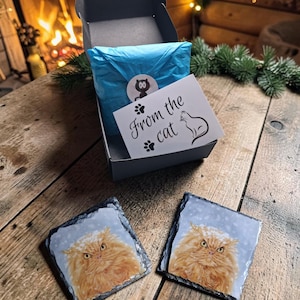 May include: A dark gray cardboard gift box containing a blue tissue-wrapped item, a round cat sticker, and a white card with the text "From the cat" and a cat silhouette. Two square slate coasters feature a fluffy orange cat in the snow.