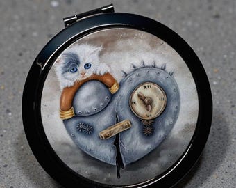 Steampunk Heart Kitten Mirror - Gunmetal Grey Compact - Hand Drawn Cat Art