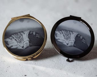 Kitten Compact Mirror: Hand-Drawn Cat Art, Gunmetal or Gold