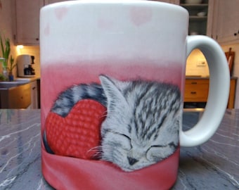 Ceramic Cat Mug: Hand-Drawn Grey Tabby Kitten with Hearts - Gift for Cat Lovers
