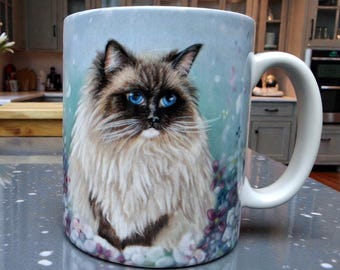 Ragdoll Cat Mug: Hand-Drawn Fluffy Feline Art, Floral Ceramic Tea Cup, Cat Lover Gift