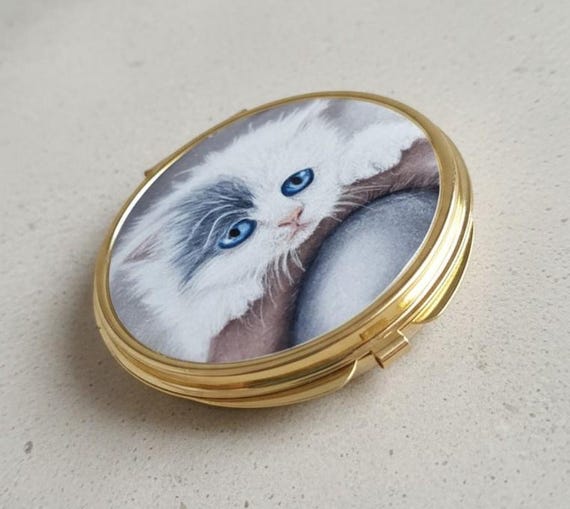 Gold Compact Mirror with Blue Eyed Kitten Design, Hand Drawn Cat Art, Handbag Accessory
