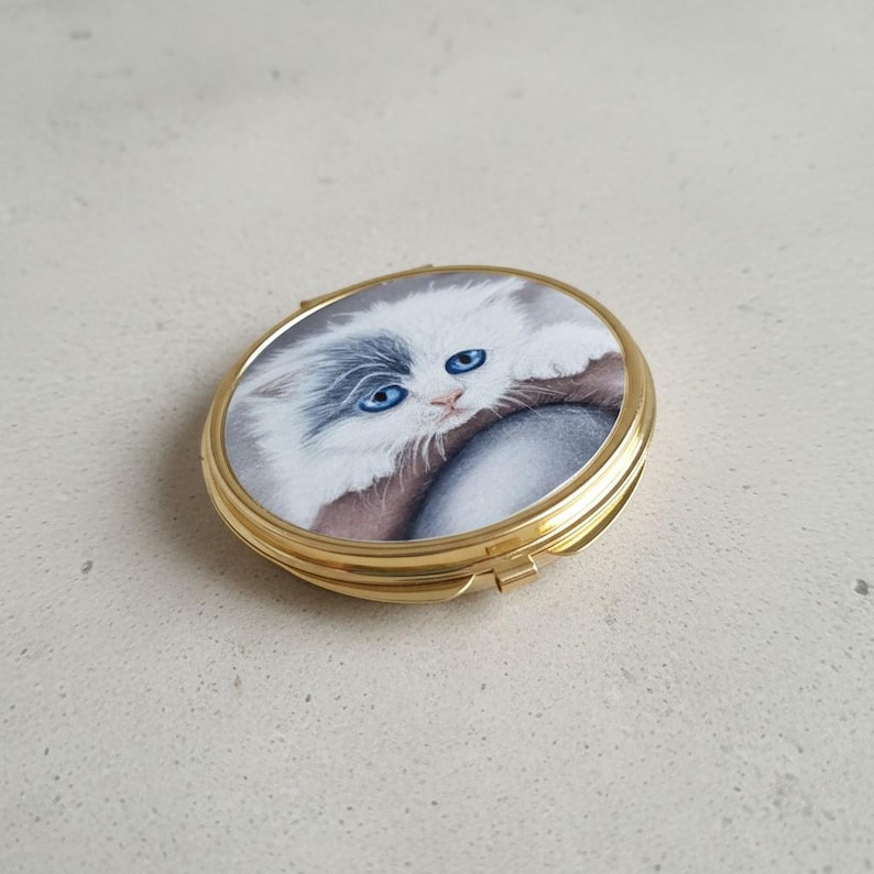 Gold Compact Mirror with Blue Eyed Kitten Design, Hand Drawn Cat Art, Handbag Accessory image 7