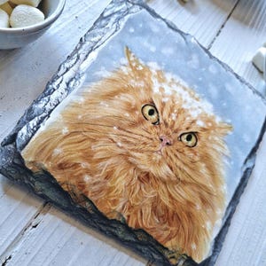 May include: A square slate coaster featuring a detailed painting of a fluffy orange cat with yellow eyes, set against a snowy blue background. The cat's fur is rendered with intricate detail, and the coaster has a natural, textured edge.