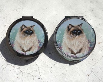 Spring Cat Compact Mirror - Floral Ragdoll Illustration, Handheld mirror