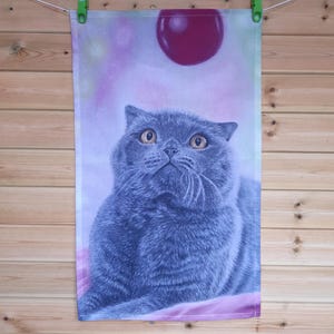 Grey Cat Tea Towel | Organic Cotton Kitchen Towel | Eco-Friendly Gift for Cat Lovers | Hand Drawn UK Art | Ships to USA