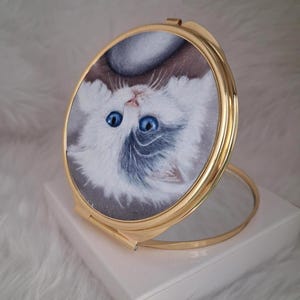 Gold Compact Mirror with Blue Eyed Kitten Design, Hand Drawn Cat Art, Handbag Accessory image 2