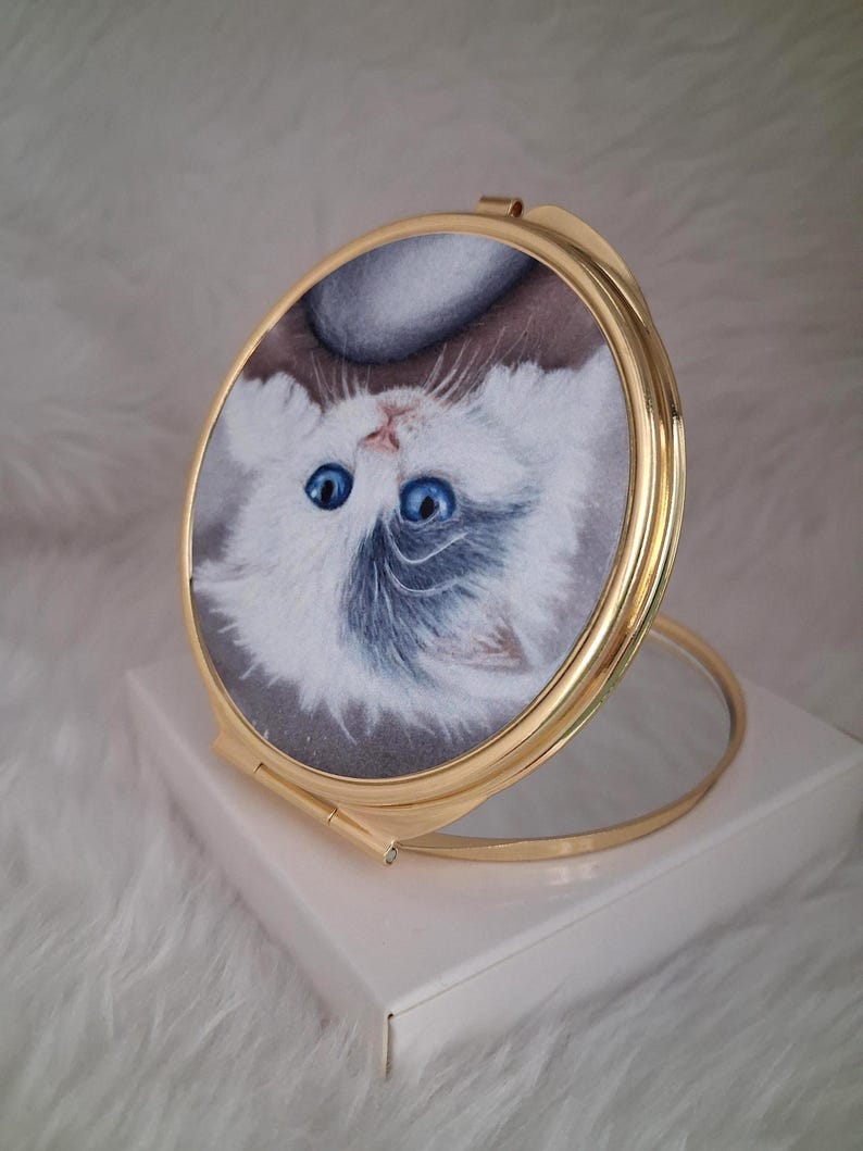 Gold Compact Mirror with Blue Eyed Kitten Design, Hand Drawn Cat Art, Handbag Accessory image 2
