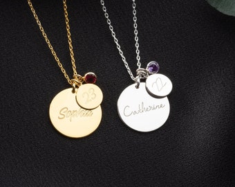 Personalized Disc Date and Name Necklace with Birthstone, Large Disc-Tiny Dİsc Necklace,Birthstone Disc Necklace,Birthday Disc Name Necklace