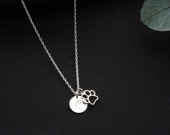 Personalized Paw Necklace with Initial Disc, Initial Disc with Paw Necklace, Custom Engraved Paw Necklace, Pet Loss Gift, Paw Charm Necklace