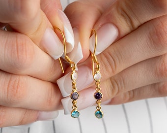 Family Birthstone Dangle Earrings, Multiple Birthstone Earrings for Women,  Dangle - Drop Birthstone Earrings, Dainty Gift Earrings for XMas