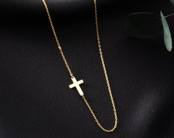 Sideways Cross Necklace, Gold Cross Necklace, Celebrity Cross Necklace, Religious Necklace, Gift Side Cross Pendant, Christian Gifts