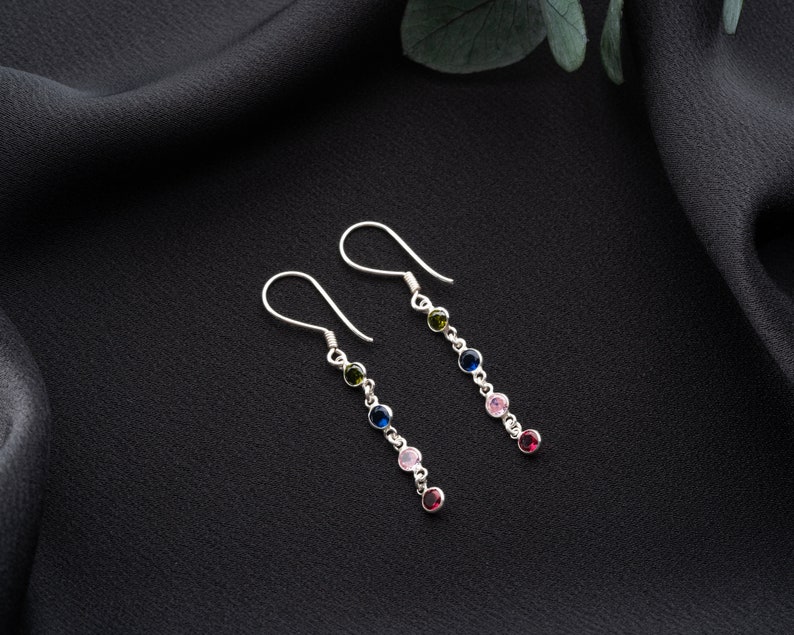 Family Birthstone Dangle Earrings, Multiple Birthstone Earrings for Women, Dangle Drop Birthstone Earrings, Dainty Gift Earrings for XMas image 3