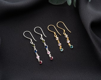 Family Birthstone Dangle Earrings, Multiple Birthstone Earrings for Women,  Dangle - Drop Birthstone Earrings, Dainty Gift Earrings for XMas