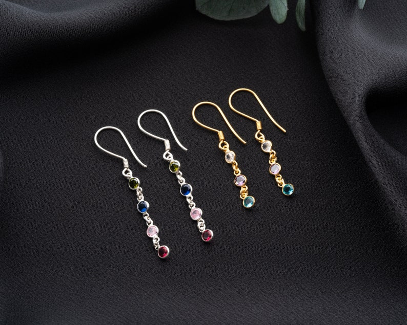 Family Birthstone Dangle Earrings, Multiple Birthstone Earrings for Women, Dangle Drop Birthstone Earrings, Dainty Gift Earrings for XMas image 6