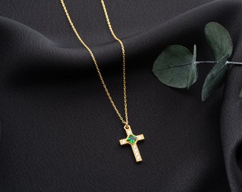 Custom Birthstone Cross Necklace, Birthstone Cross Necklace Surrounded by Diamond, Stylish Cross Pendant, Religious Necklace for Christmas