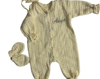 Ensemble en mousseline pour nouveau-né, ensemble de préparation à l'hôpital, ensemble pour bébé en mousseline à manches longues, vêtements neutres pour bébé, tenue pour nouveau-né pour le retour à la maison