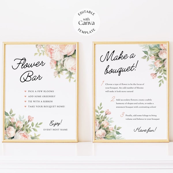 Flower bar & make a bouquet signs templates bundle, diy floral arrangement instructions for guests party favors, wedding florist business