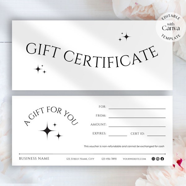 Business giftcard template, DIY digital gift certificate, modern voucher with retro stars, add logo, edit in Canva, custom printable card