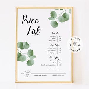 Editable pricelist template for hairstylist, salon, flower shop, pop up booth, printable price list sign, business signage editable in Canva