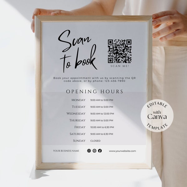 Editable scan to book sign with qr code & opening hours for salon, spa, service based business, client appointment printable window signage