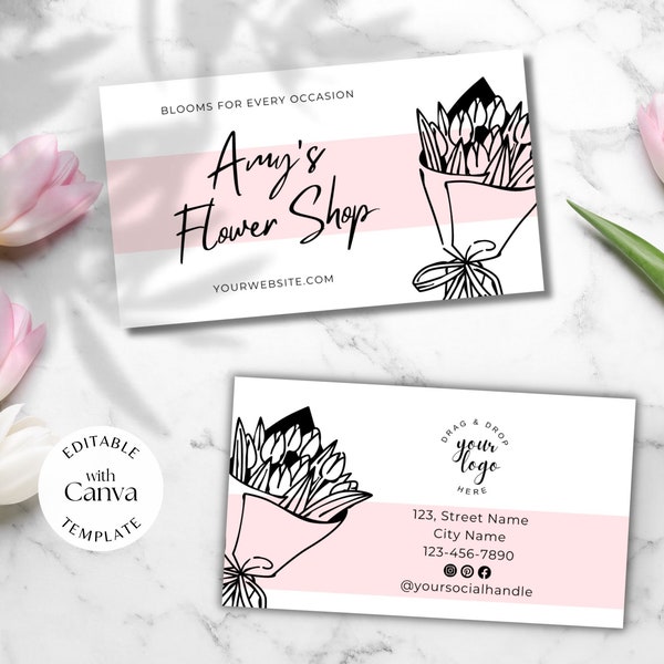 Florist business card template for flower shop, editable in Canva, customize with logo, social media icons, modern bouquet printable card