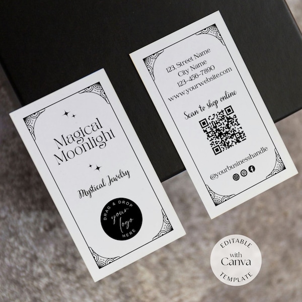 Conception de carte de visite tarot, modèle modifiable bricolage pour petite entreprise, bijoux faits main, boutique de bougies mystiques, ajoutez votre logo et votre code QR