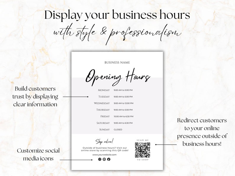 Printable Store Hours Sign With Qr Code, Modern Business Opening Hours Signage Template to ...