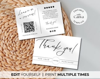 Leave a review card template with qr code, business packing insert, customer feedback request for seller, editable with Canva & printable