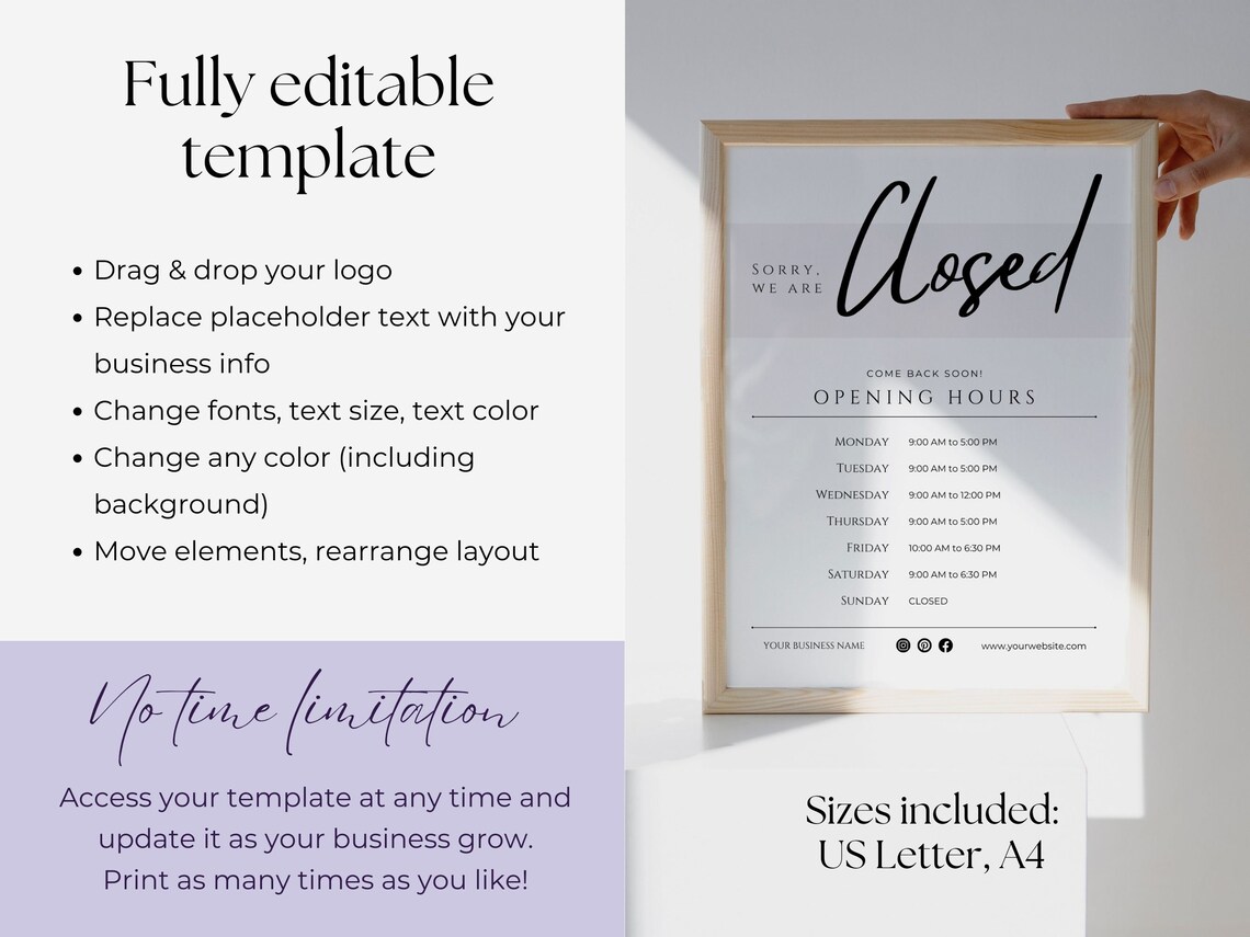 Printable Open & Closed Business Signs Bundle With Logo, Opening Hours ...