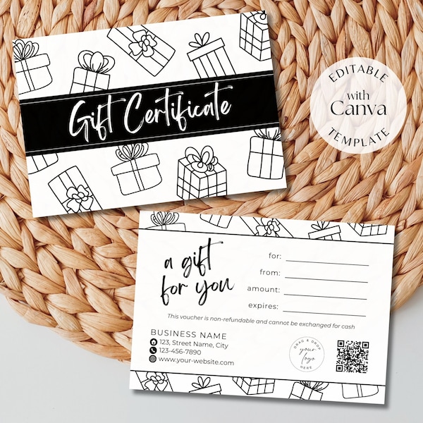 Business giftcard template with qr code, diy modern gift certificate for store, beauty salon, printable customer voucher editable in Canva