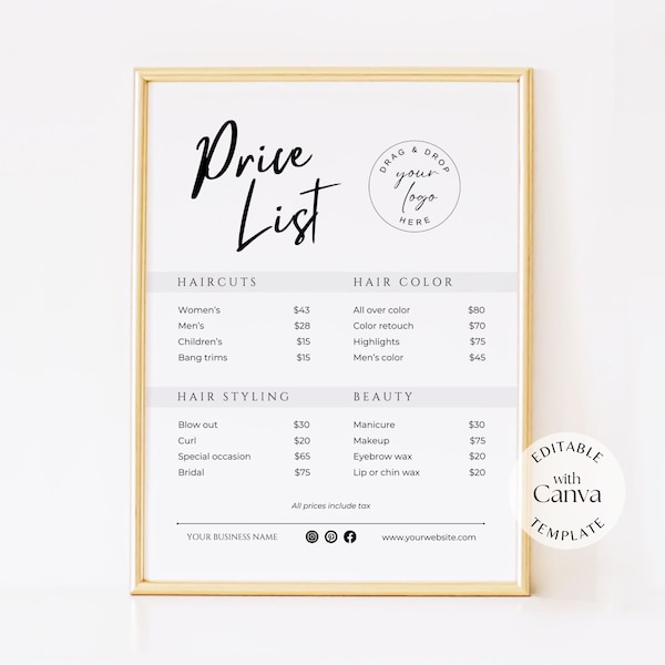 Price list sign for beauty salon, hairstylist, business template to download & edit in Canva, printable minimalist pricelist display signage