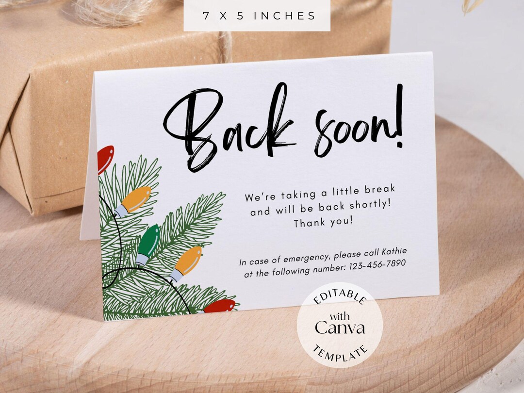 Back Soon Sign Template for Holiday Vendor Event, Editable Christmas ...