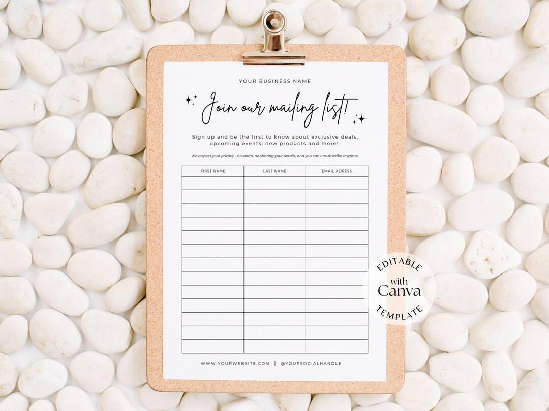 Mailing List Form Template, Editable Sign up Sheet for Small Business ...