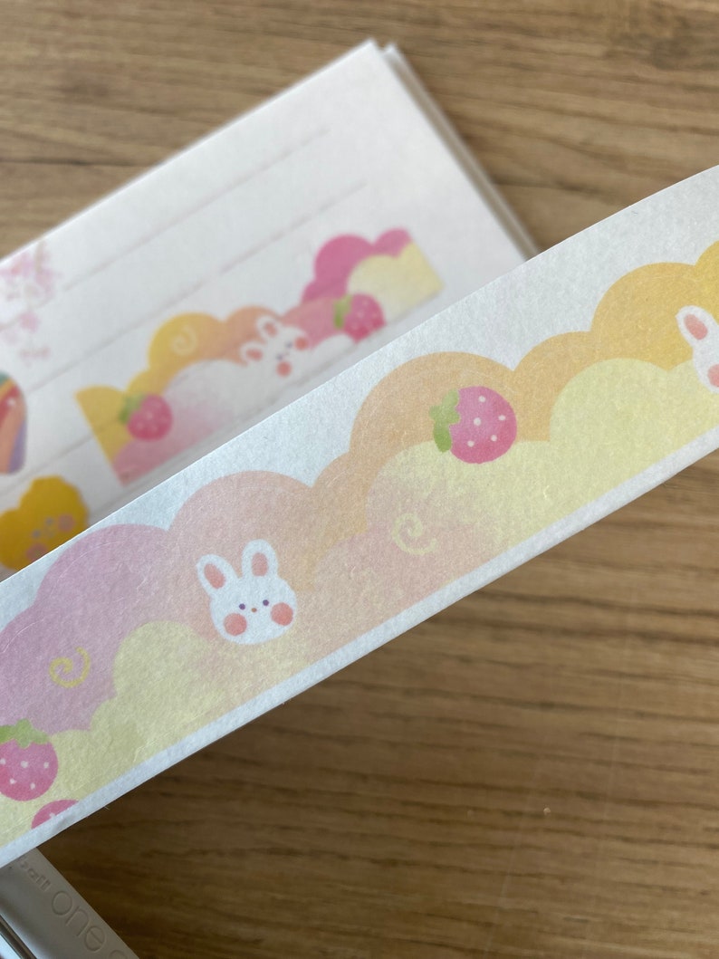 Cute adhesive tape with a rabbit and strawberries I journalism articles I scrapbooking I kawaii stationery image 1