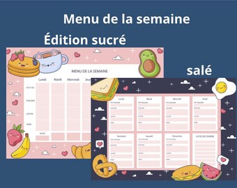 Menù della settimana, organizzazione settimanale, 2 versioni gourmet | A4 | Paesaggio | Scarica | digitale