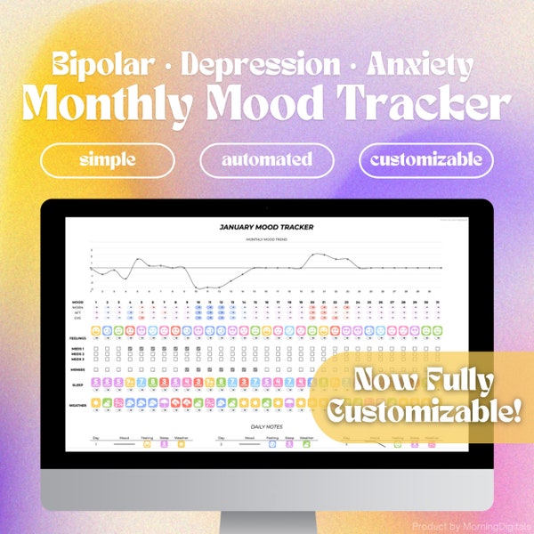 GSheets Mood Tracker | Bipolar, Depression, and Anxiety Monthly Mood Tracker and Journal  (Digital Template - Google Sheets / GSheets)